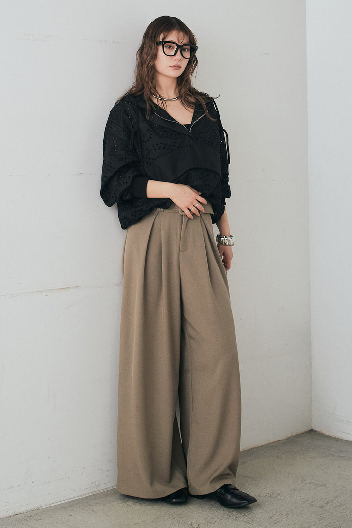 [SET]レースハーフジップアップフーディー+ベルト付きツータックワイドパンツ(2set)