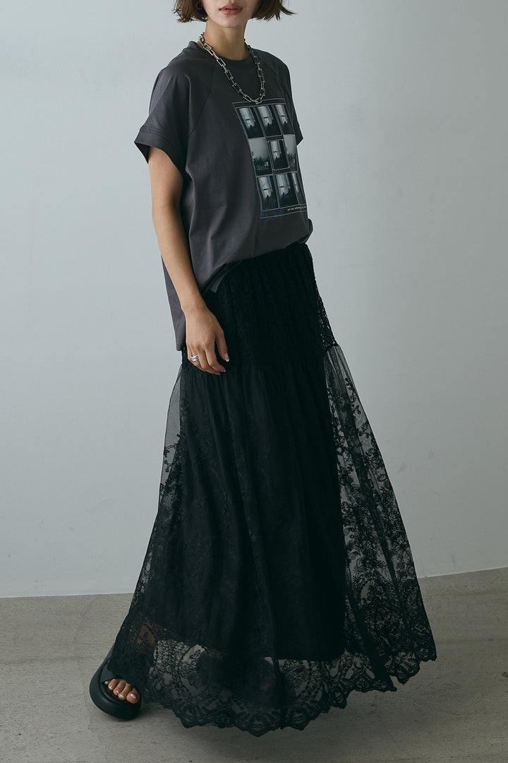 [SET]フォトプリントラグランTシャツ+ミックスレース刺繍スカート(2set)
