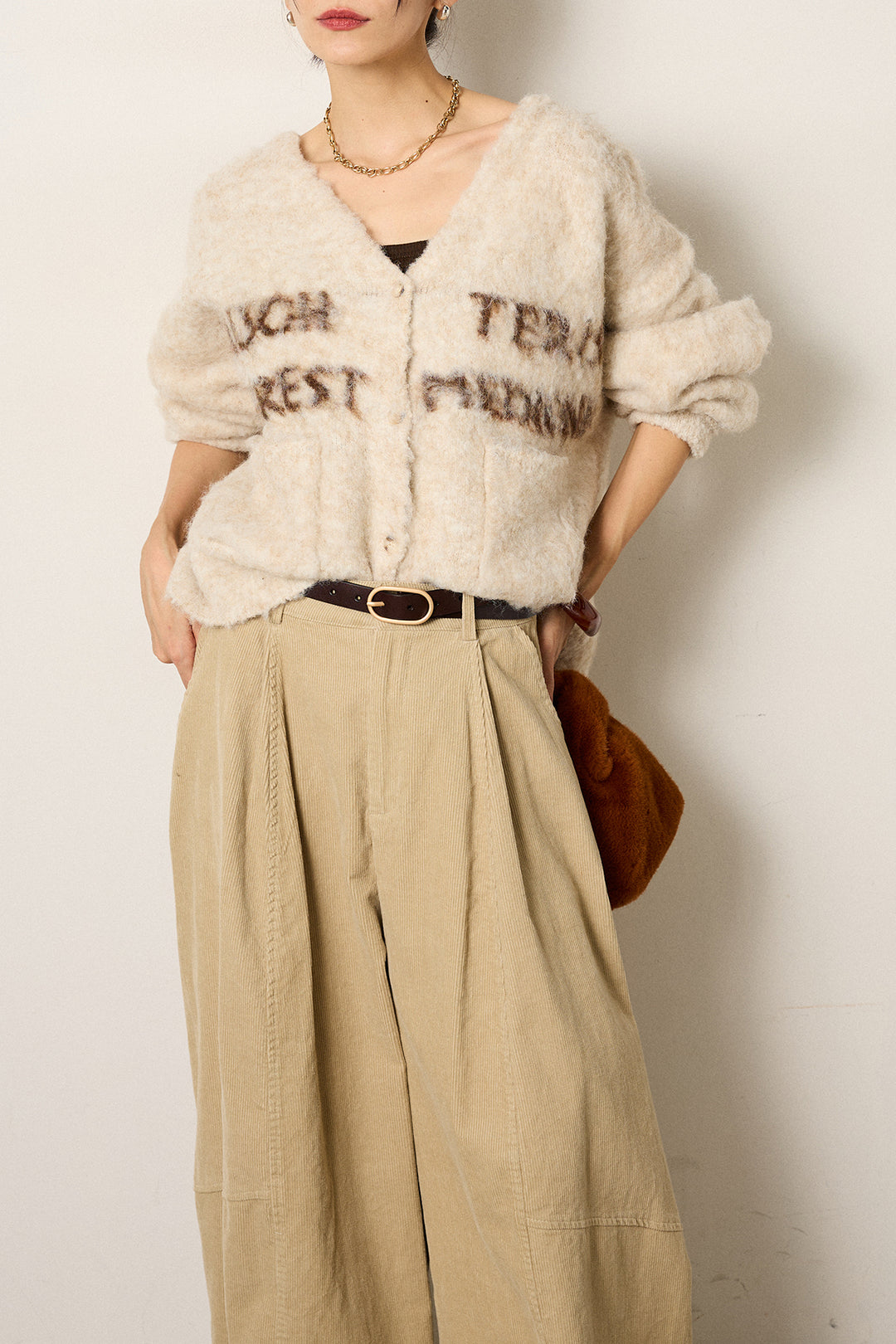 [SET]ウール混透かしロゴニットカーディガン+タック入りコーデュロイワイドパンツ(2set)