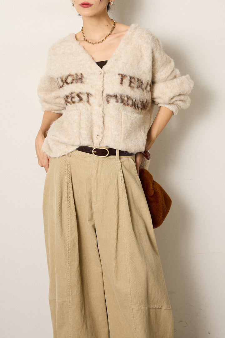 [SET]ウール混透かしロゴニットカーディガン+タック入りコーデュロイワイドパンツ(2set)