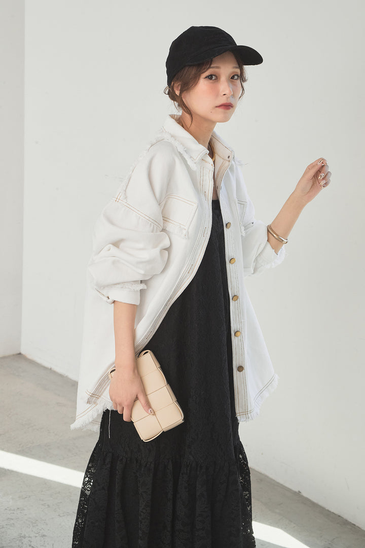 [SET]フリンジデニムジャケット+レース刺繍フレアキャミワンピース(2set)