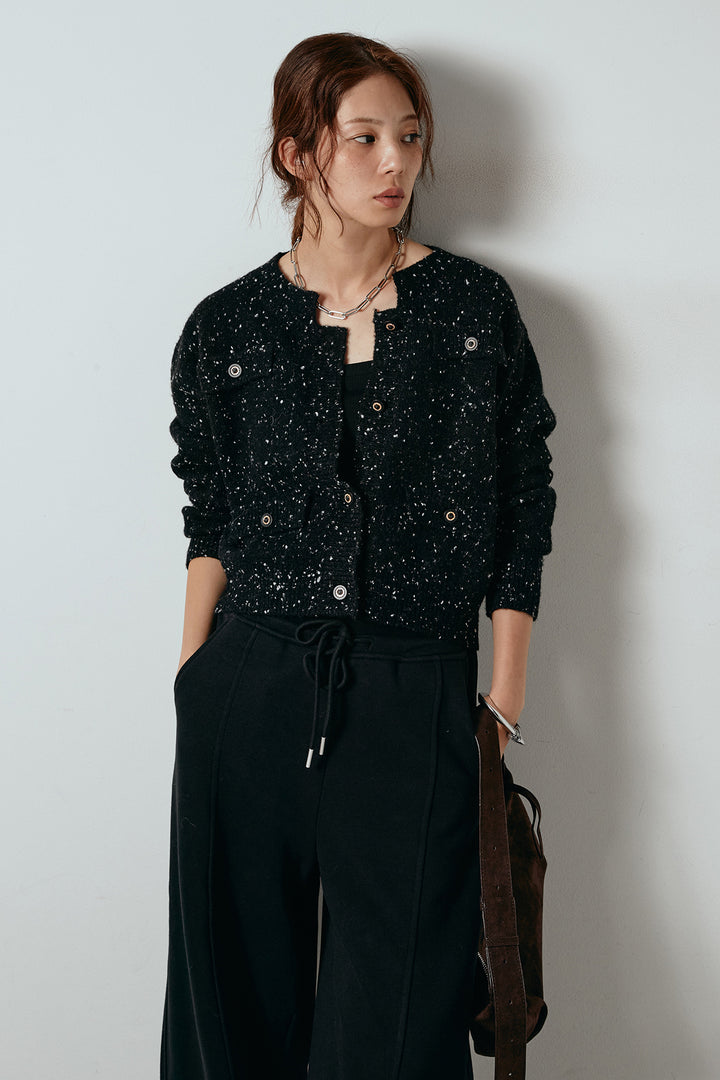 [SET]ネップニットカーディガン+スウェットワイドカーブパンツ(2set)