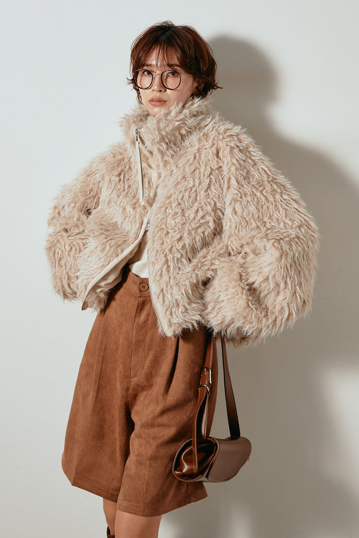 [SET]ミックスシープファースタンドブルゾン+フェイクスウェードハーフパンツ(2set)