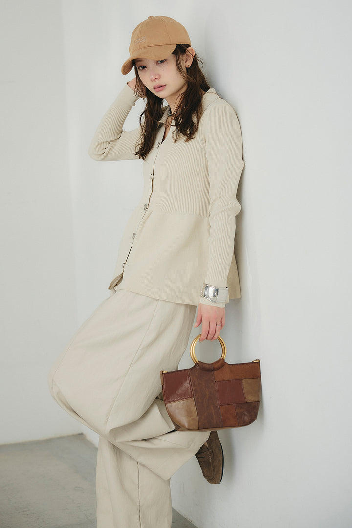 [SET]スキッパーペプラムニット+フェイクレザーカーブワイドパンツ(2set)