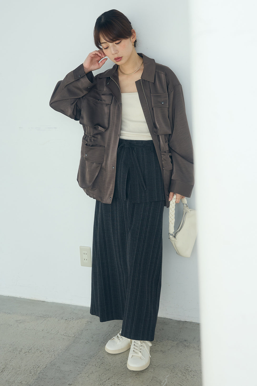 [SET]サテンライトブルゾン+ラップ巻きピンストライプワイドスカート(2set)