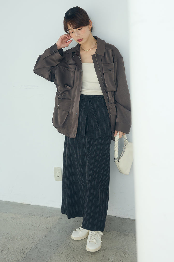 [SET]サテンライトブルゾン+ラップ巻きピンストライプワイドスカート(2set)