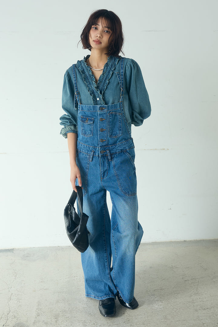 [SET]Vネックデニムフリルトップス+デニムサロペットワイドパンツ(2set)