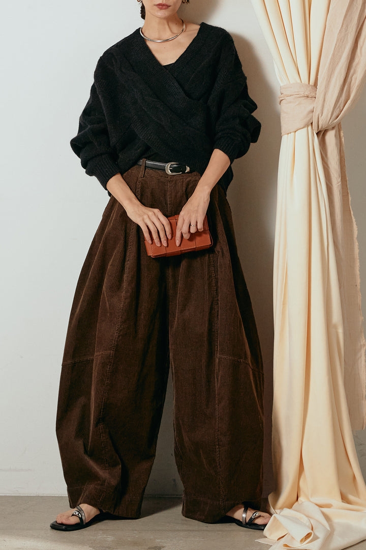 [SET]ケーブルカシュクールニットトップス+タック入りコーデュロイワイドパンツ(2set)