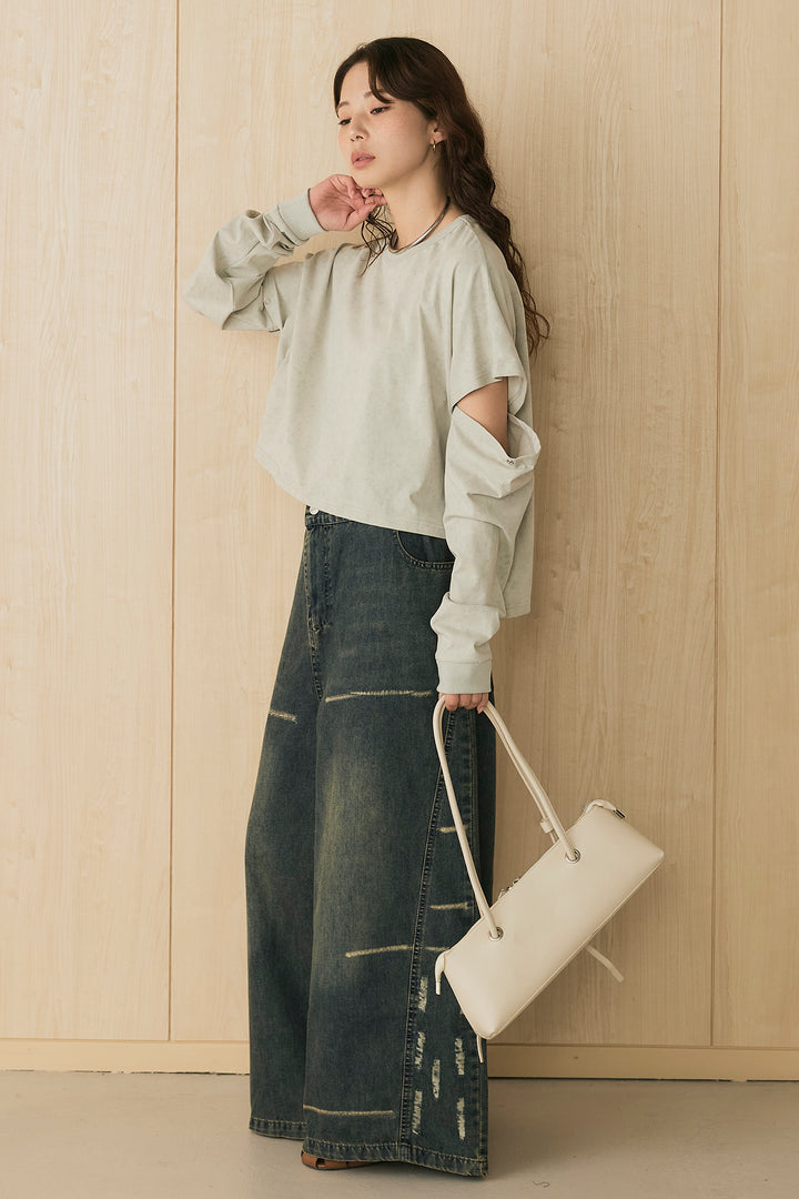 [SET]セパレートフェードTシャツ+ランダムダメージデニムワイドパンツ(2set)
