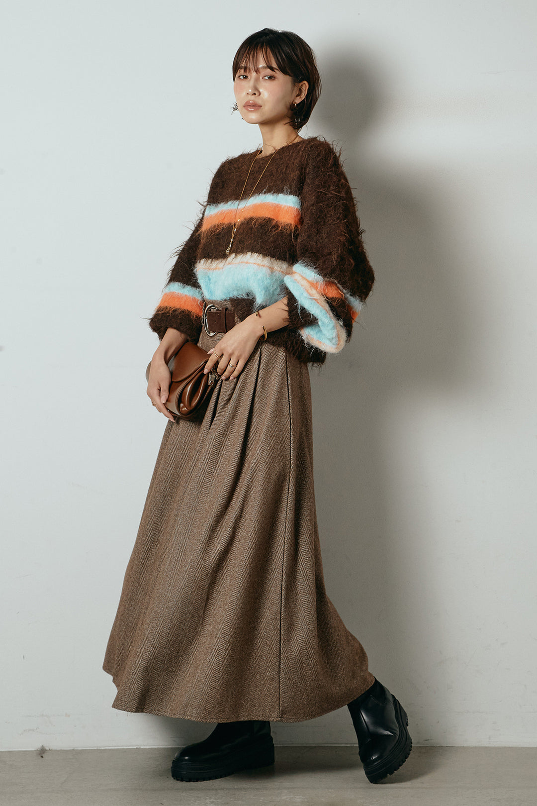 [SET]起毛配色マルチボーダーニットトップス+太ベルト付きヘリンボーンプリーツスカート(2set)