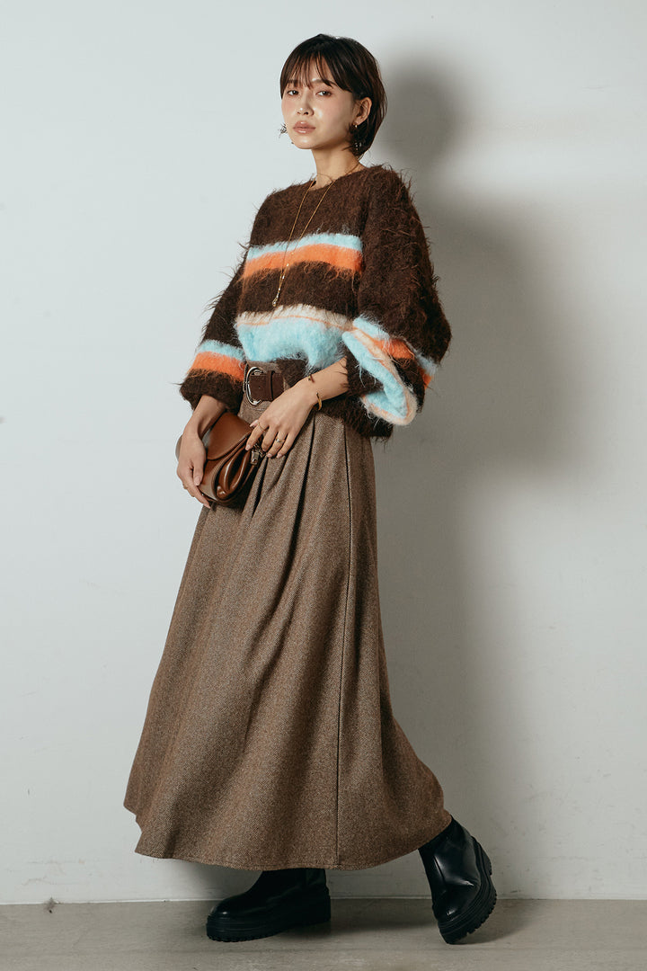 [SET]起毛配色マルチボーダーニットトップス+太ベルト付きヘリンボーンプリーツスカート(2set)