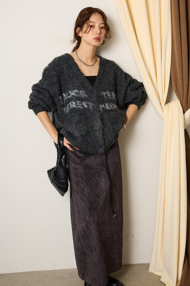 [SET]ウール混透かしロゴニットカーディガン+ロープベルト付きスウェード調スカート(2set)