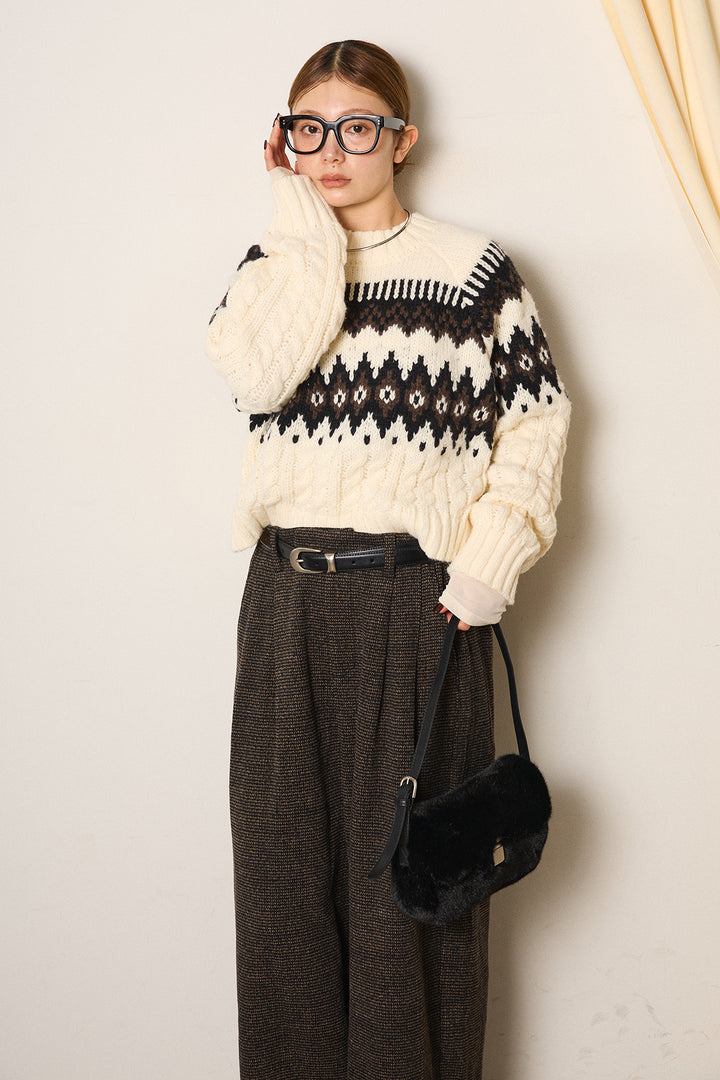 [SET]2WAY求心柄ジャガードショートカーディガン+起毛タック入りツイードワイドパンツ(2set)