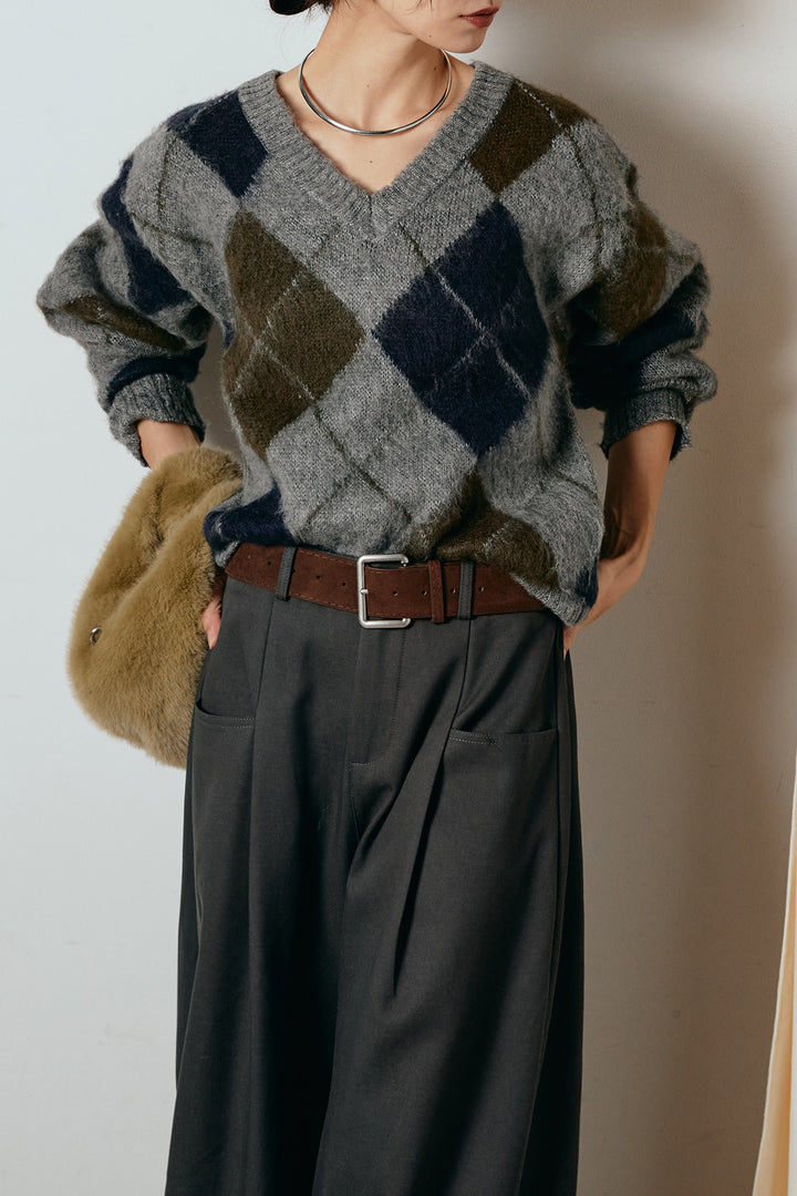 [SET]アクリルモヘアアーガイルVネックプルオーバー+太ベルト付きタックデザインワイドパンツ(2set)