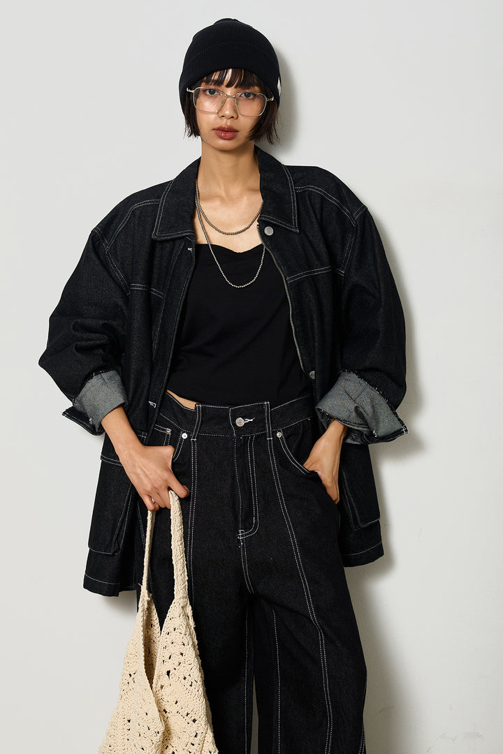 【即納】ステッチデザインデニムジップジャケット