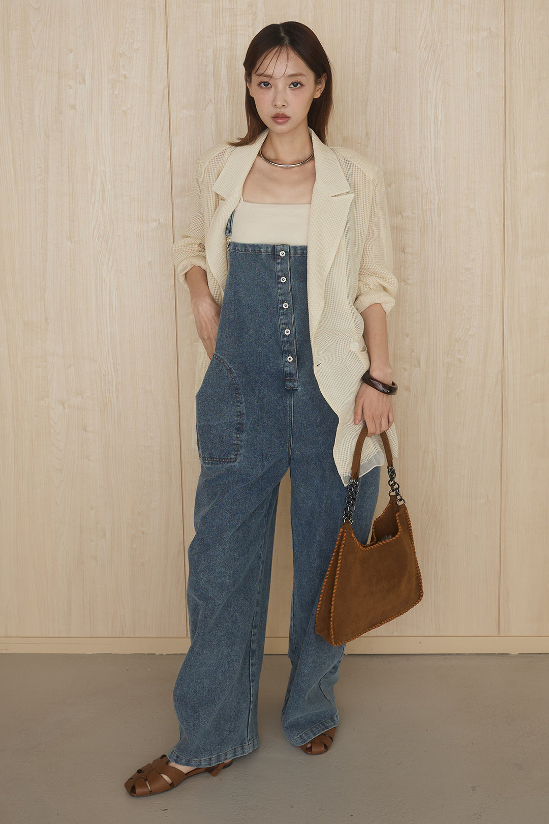 [SET]メッシュテーラードワイドジャケット+フロントボタンデニムサロペット(2set)