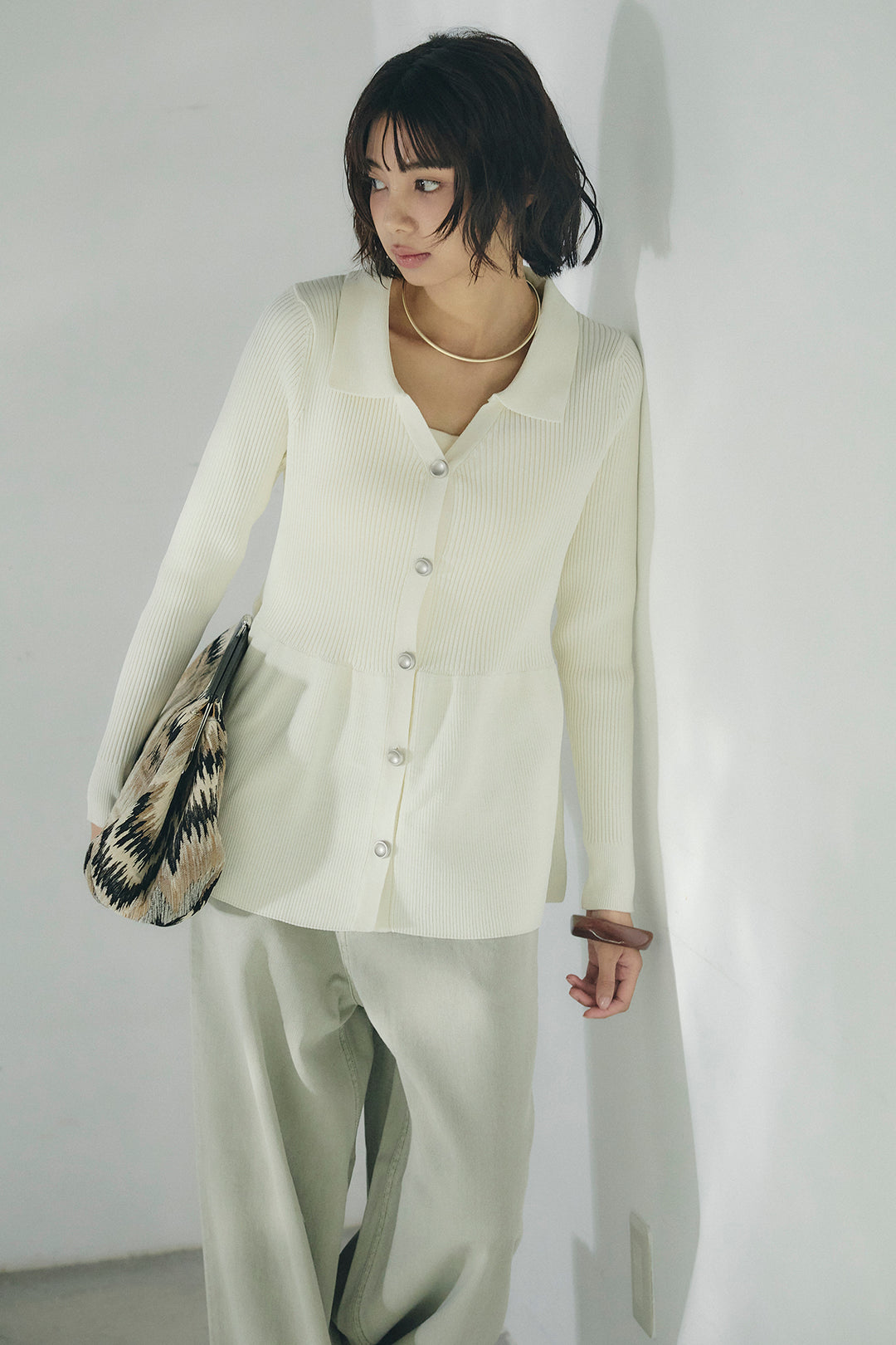 [SET]スキッパーペプラムニット+ウエスト裁ち切りデニムワイドパンツ(2set)