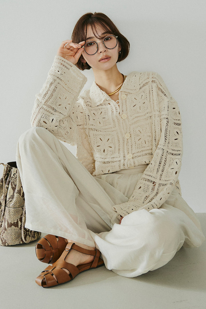 [SET]鍵編みフラワーレースカーディガン+オーガンジータックパンツ(2set)