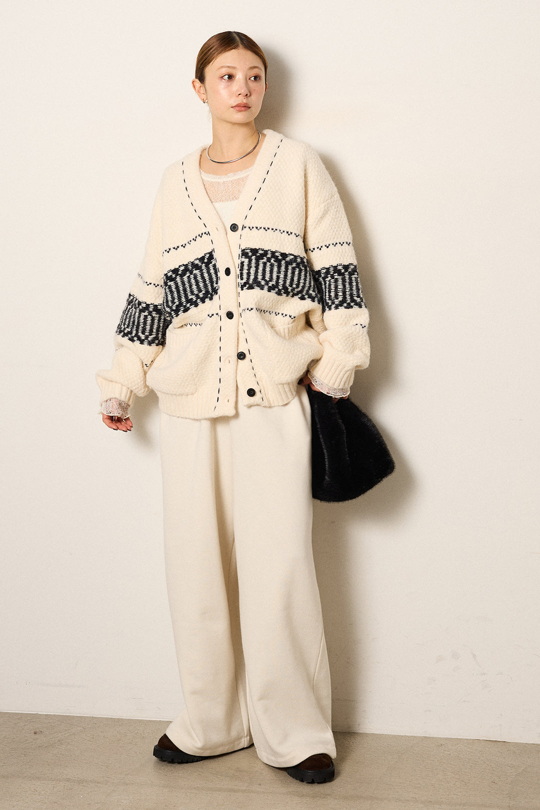[SET]ライン柄ステッチニットカーディガン+裏起毛スウェットワイドパンツ(2set)