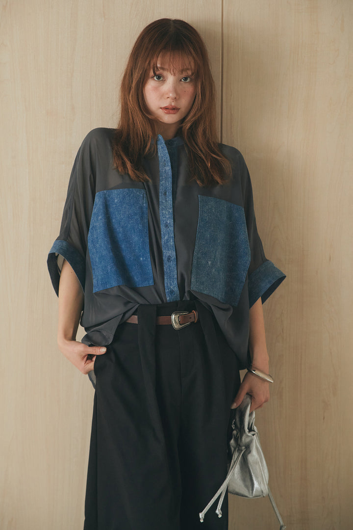 [SET]デニムライクビッグツーポケシアーシャツ+ベルトループデザインハイウエストタックパンツ(2set)