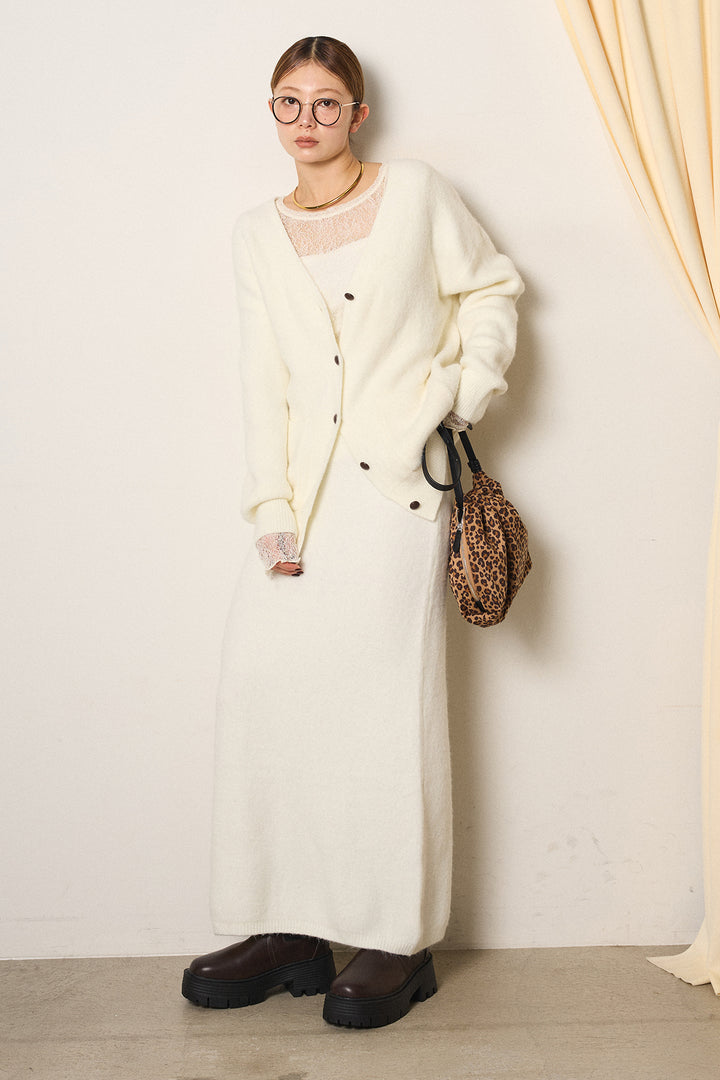 [SET]丸ボタン起毛ニットカーディガン+起毛ニットロングスカート(2set)
