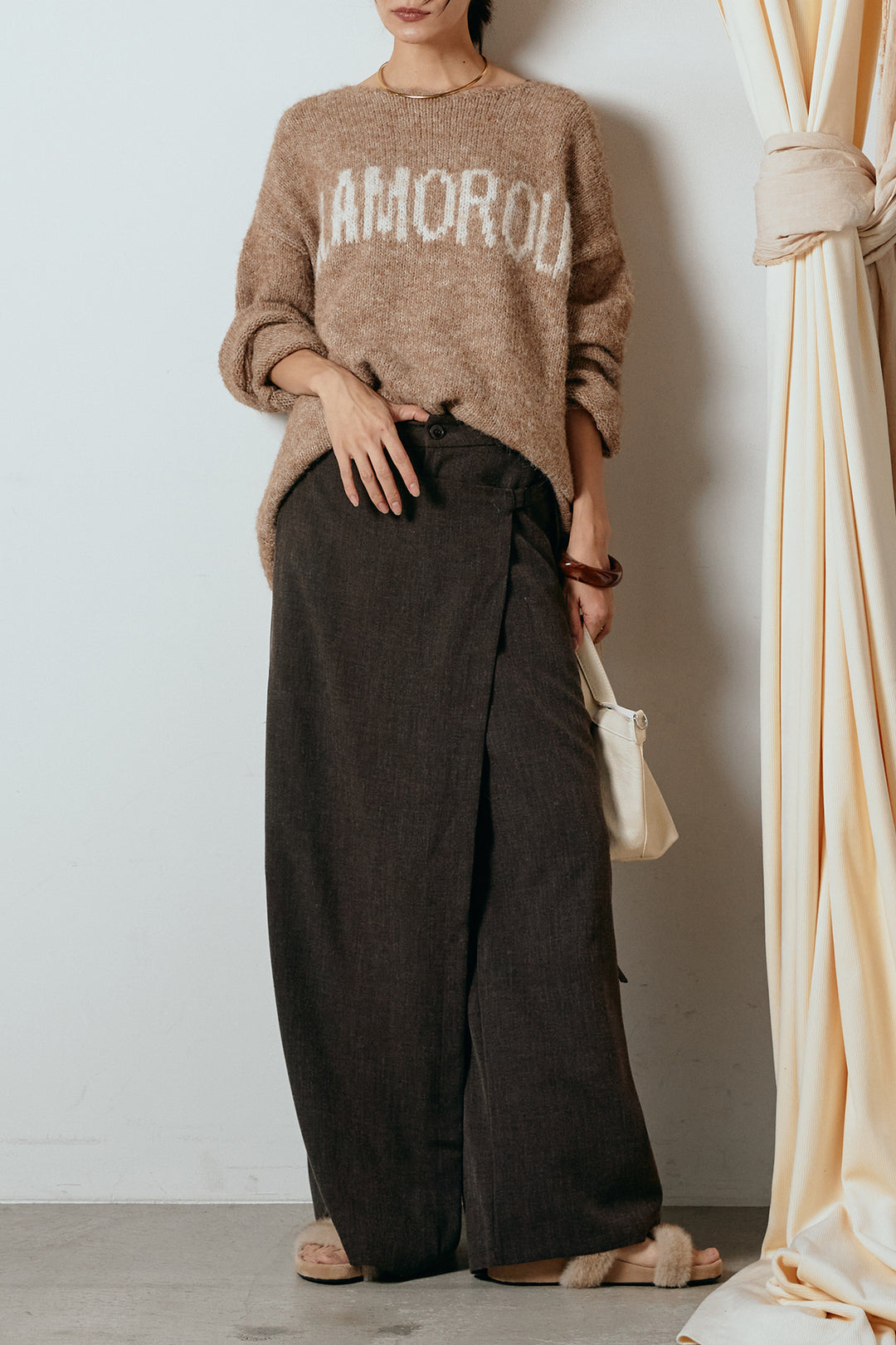 [SET]フロントロゴデザインニットトップス+ラップ巻きワイドスラックス(2set)