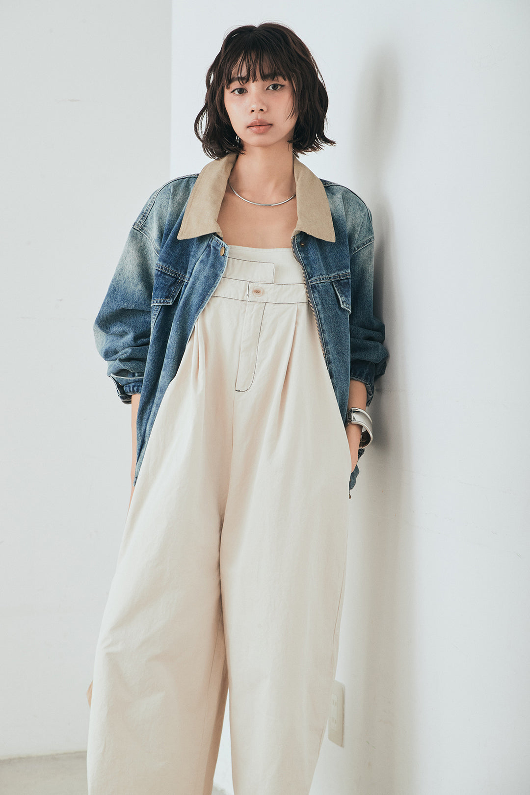 [SET]襟切り替えジップデニムジャケット+綿ツイルアシメサロペット(2set)