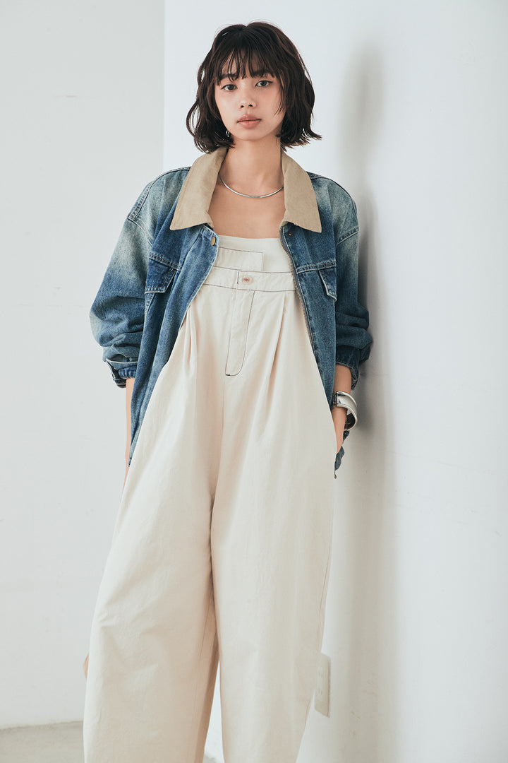 [SET]襟切り替えジップデニムジャケット+綿ツイルアシメサロペット(2set)