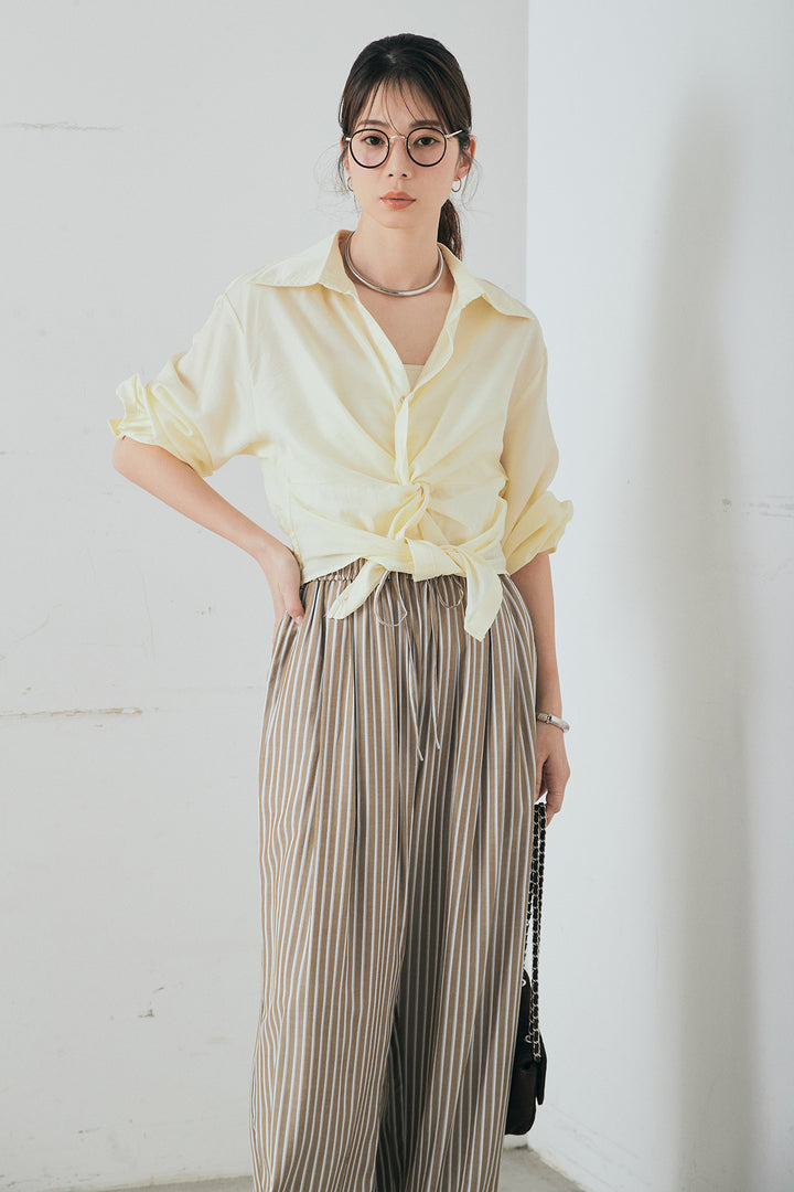 [SET]裾巻きツイストデザインシャツ+レーヨンストライプイージーワイドパンツ(2set)