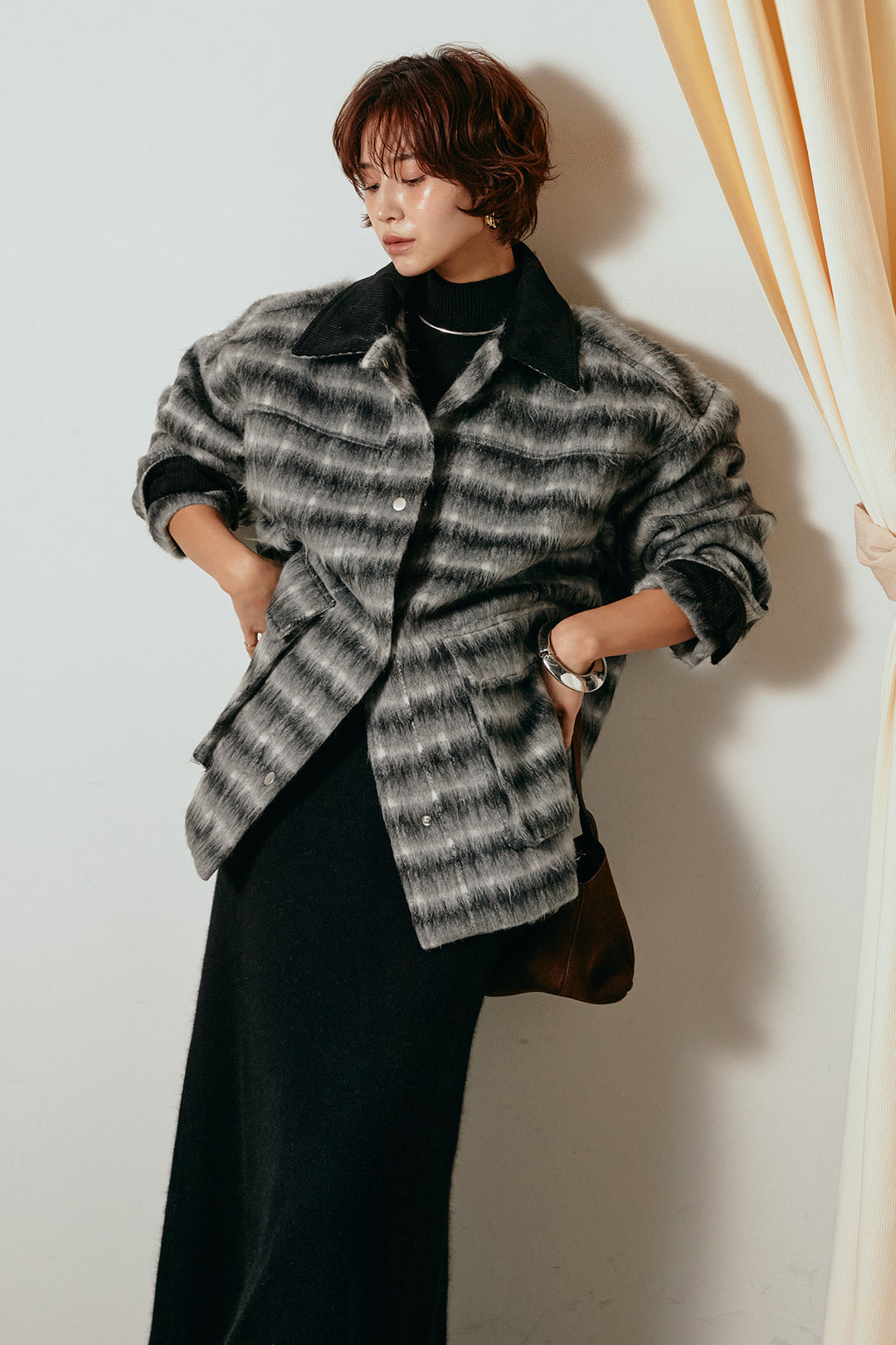 [SET]チェックシャギーミドルカバーオール+ノースリーブニットロングワンピース(2set)