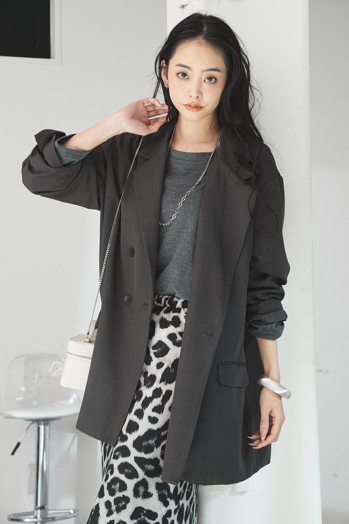 [SET]ルーズシルエットダブルテーラードジャケット+ストレッチロングTシャツ+レオパードサテンナロースカート(3set)