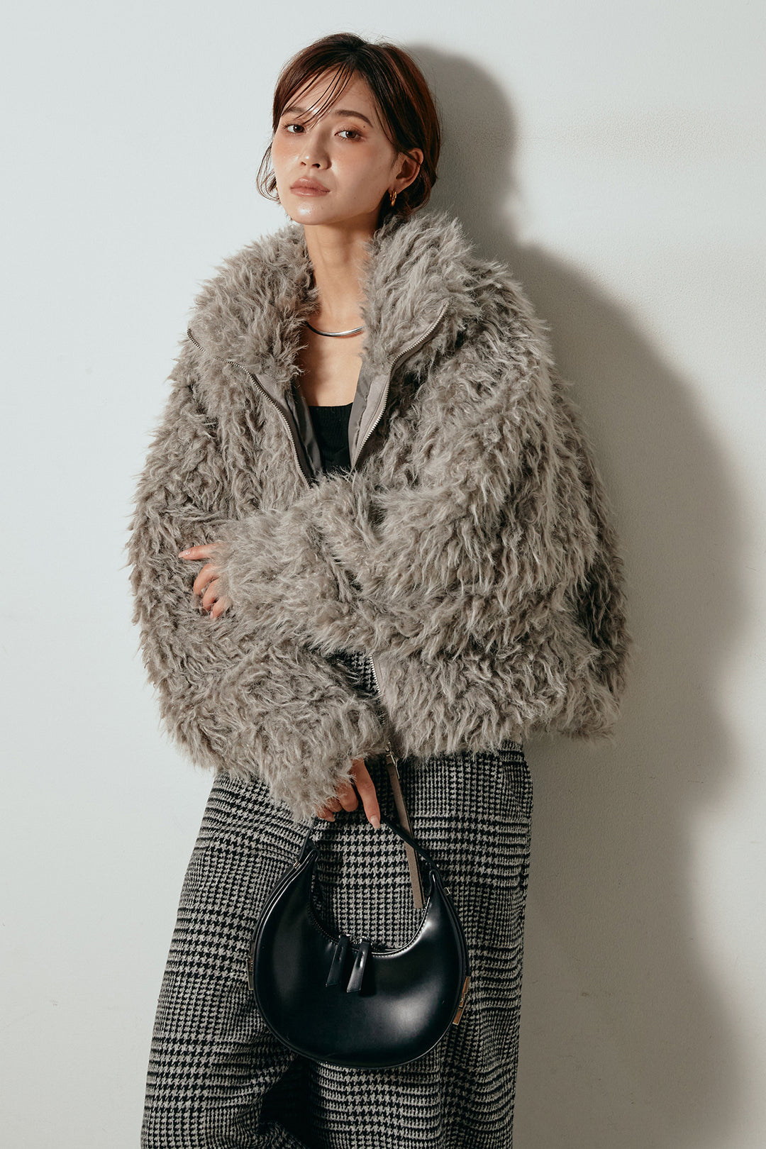 [SET]ミックスシープファースタンドブルゾン+前後2wayグレンチェック柄スカーチョサロペット(2set)