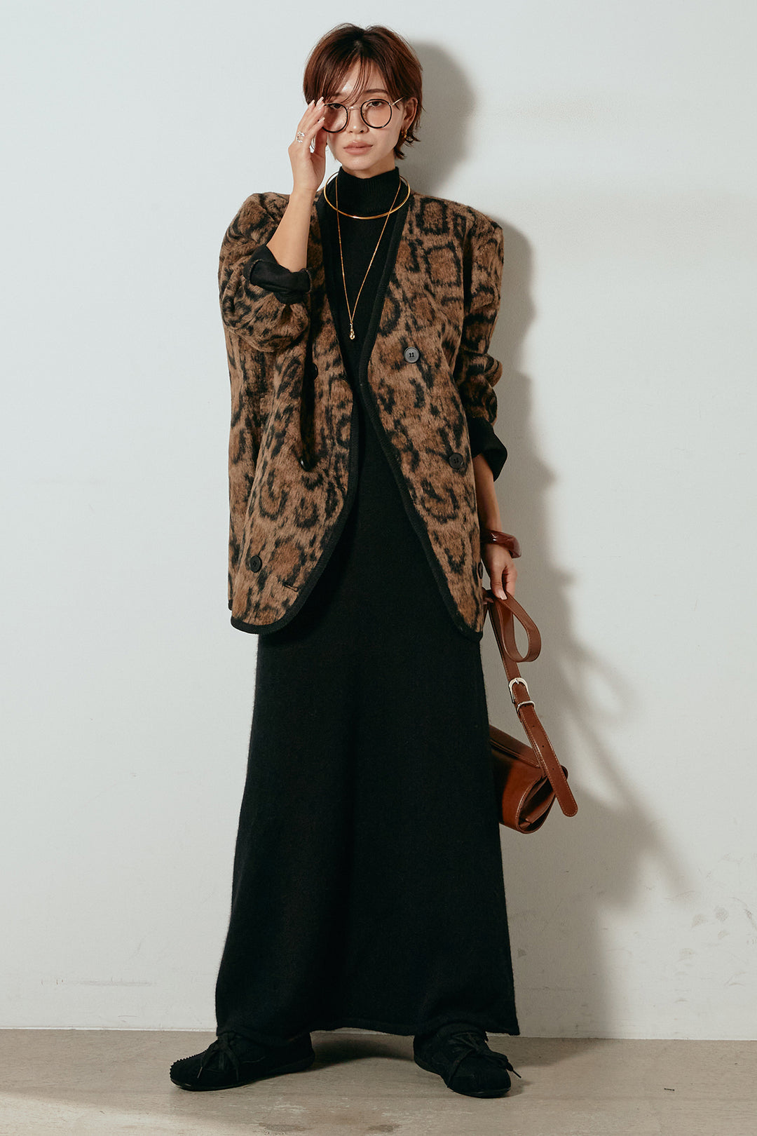 [SET]ノーカラーレオパード柄アウター+ノースリーブニットロングワンピース(2set)