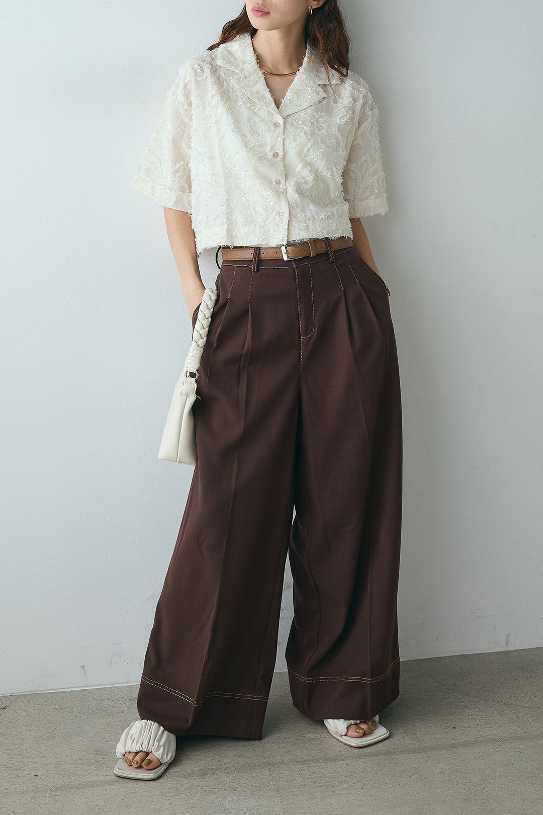 [SET]半袖オープンカラージャガード柄シャツ+ステッチデザインベルトワイドパンツ(2set)