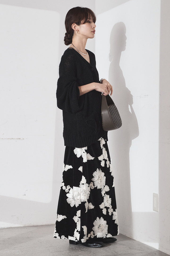 [SET]コード刺繍リラックスニットカーディガン+フラワー刺繍ワイドスカート(2set)