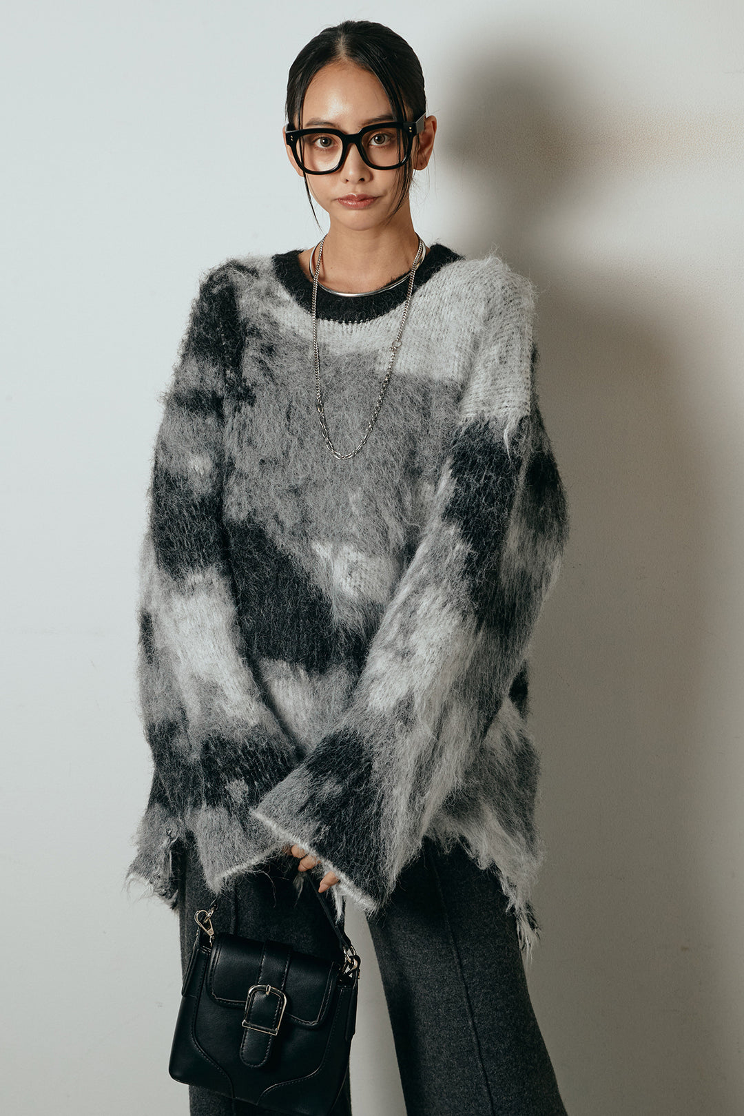 [SET]起毛裾デザインニュアンス柄ニットトップス+センターラインニットパンツ(2set)