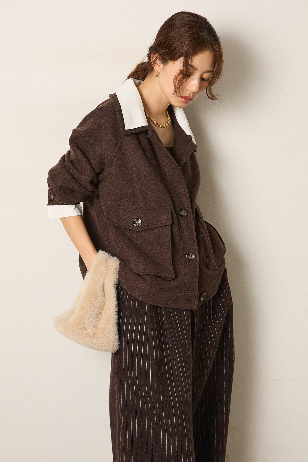 [SET]衿レイヤードフェイクウールジャケット+ウールライクストライプパンツ(2set)