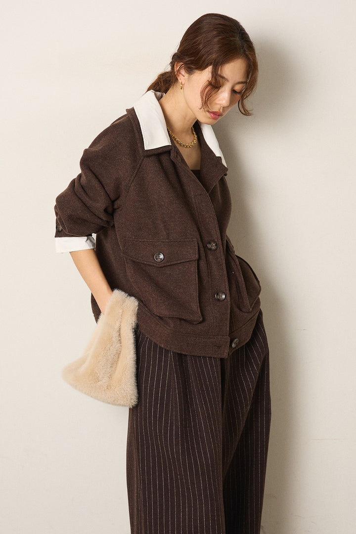 [SET]衿レイヤードフェイクウールジャケット+ウールライクストライプパンツ(2set)