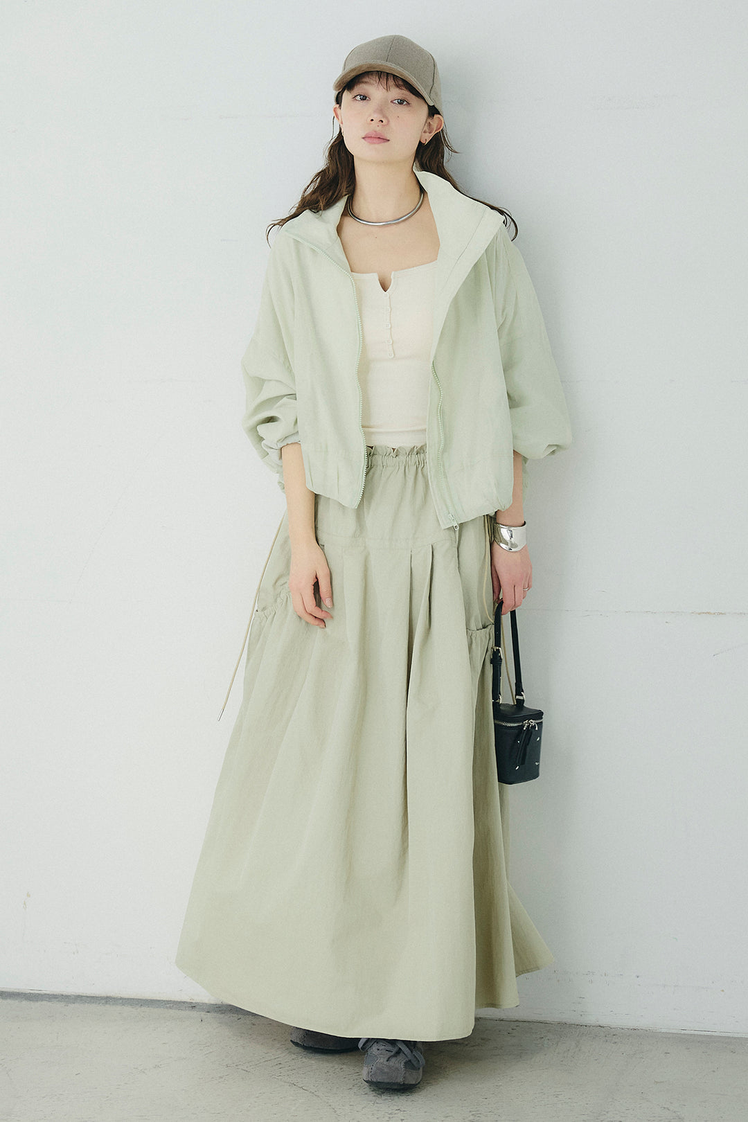 [SET]スタンドネックシアーブルゾン+ナイロンデザインフレアスカート(2set)