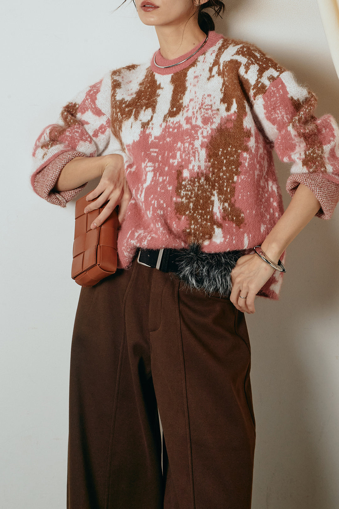 [SET]起毛ニュアンス柄ニットプルオーバー+ファーベルト付きワイドパンツ(2set)
