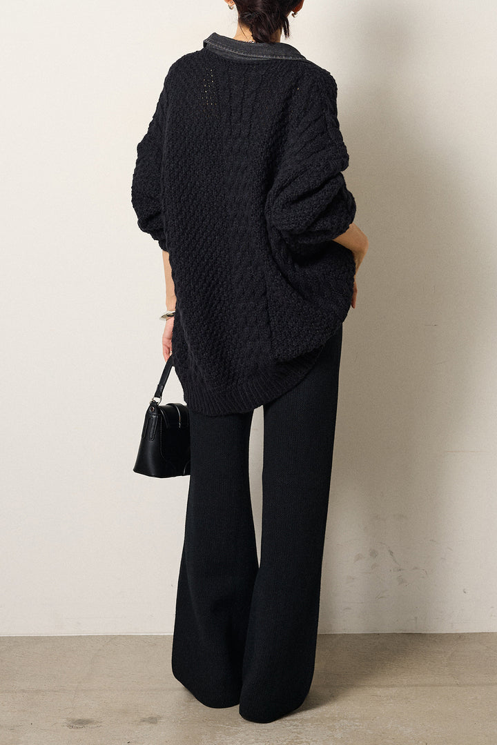 [SET]デニムカラーケーブルオーバーニット+ワイドリブニットイージーパンツ(2set)