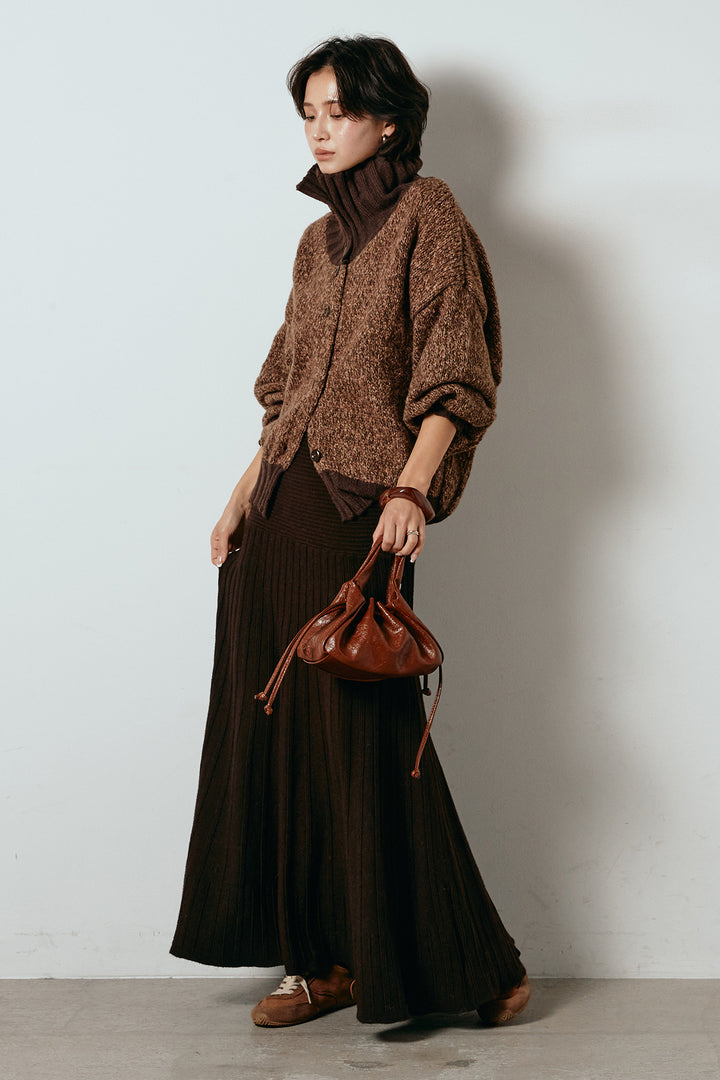 [SET]ハイネックミックスニットカーディガン+編み地切り替えフレアニットスカート(2set)