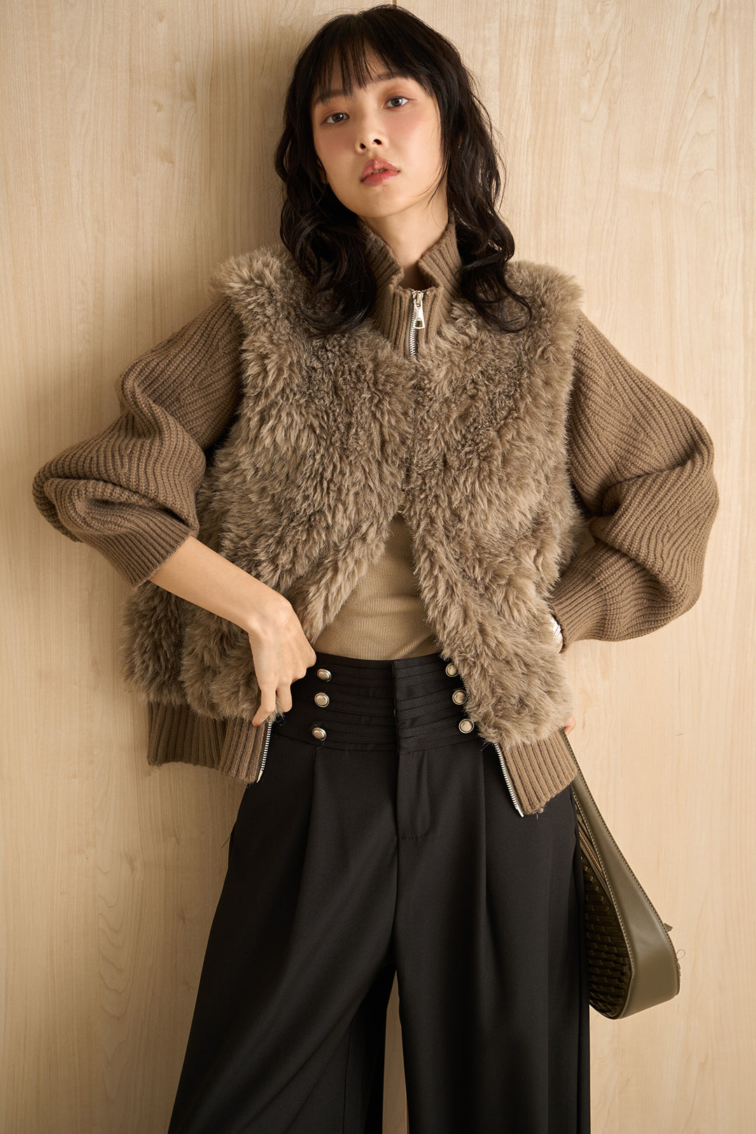 [SET]ファーコンビニットジップブルゾン+ナポレオンボタンデザインワイドパンツ(2set)