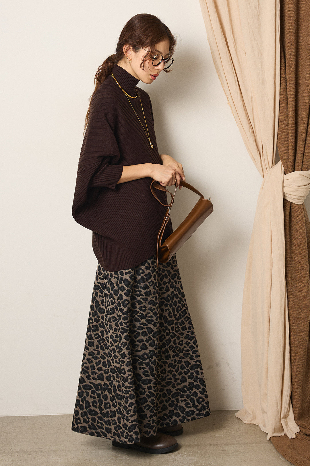 [SET]アシメデザインリブポンチョニットトップス+レオパードロングスカート(2set)