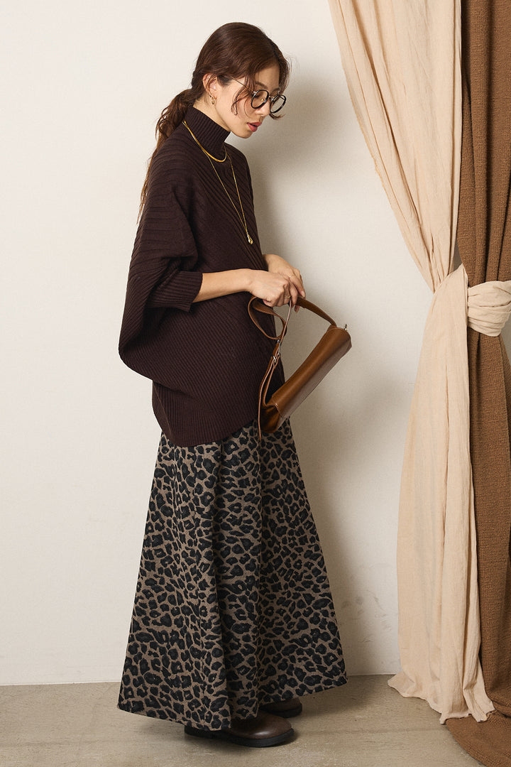 [SET]アシメデザインリブポンチョニットトップス+レオパードロングスカート(2set)