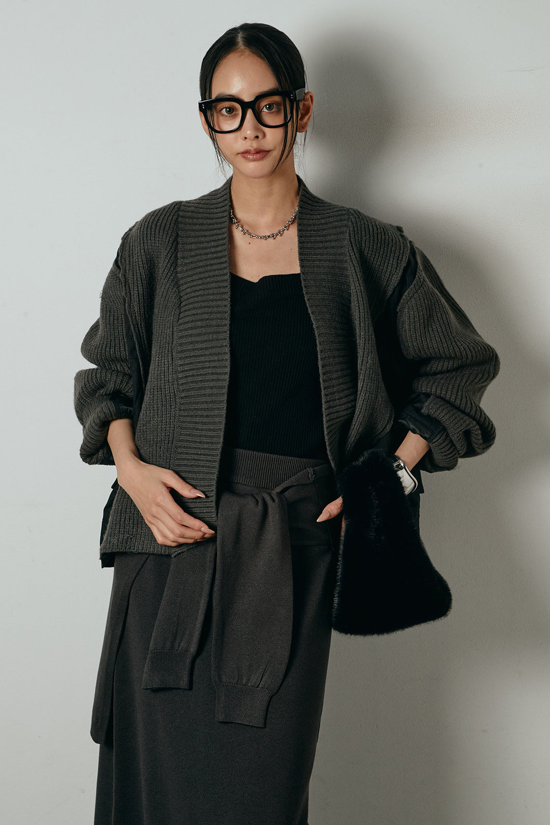 [SET]キルティング切り替えニットカーディガン+ウエストラップ巻きニットスカート(2set)