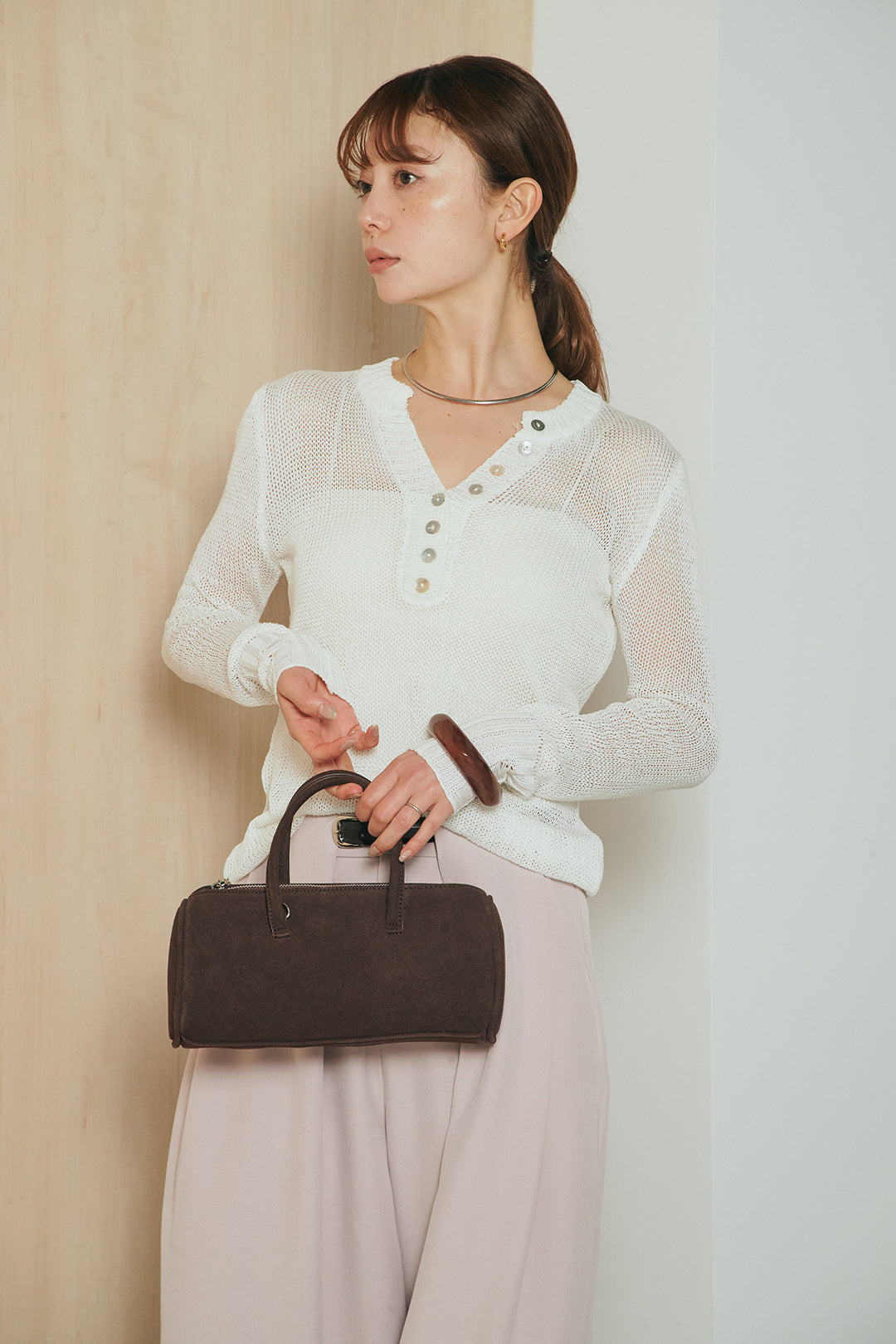 [SET]ヘンリーネックダメージニットプルオーバー+ビックベルトループタックベルト付きワイドパンツ(2set)