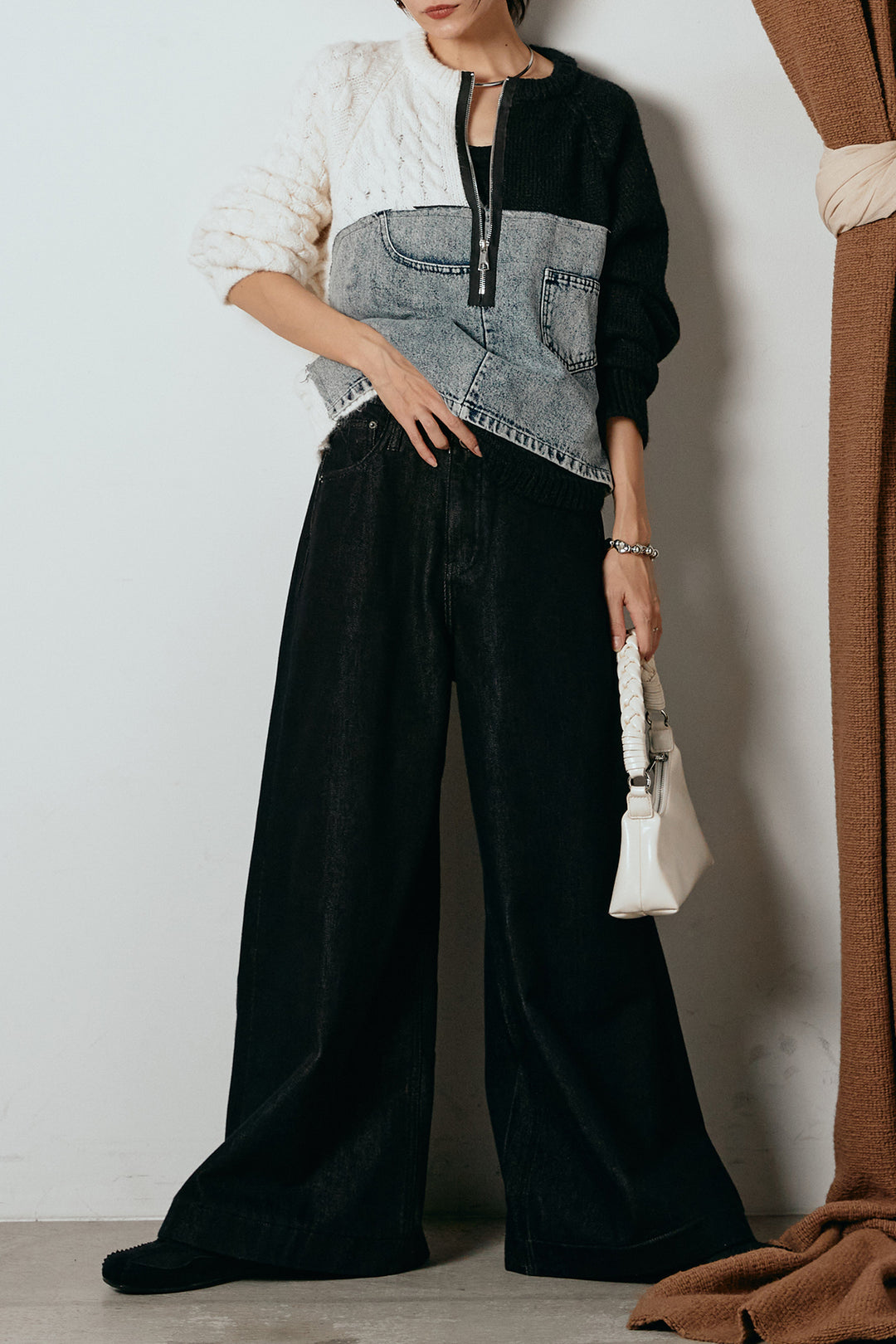 [SET]ハーフジップニットデニムドッキングトップス+ウエストダブルボタンワイドデニムパンツ(2set)