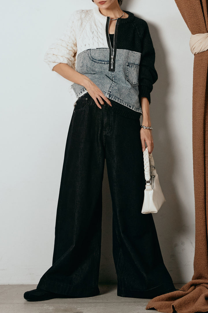 [SET]ハーフジップニットデニムドッキングトップス+ウエストダブルボタンワイドデニムパンツ(2set)