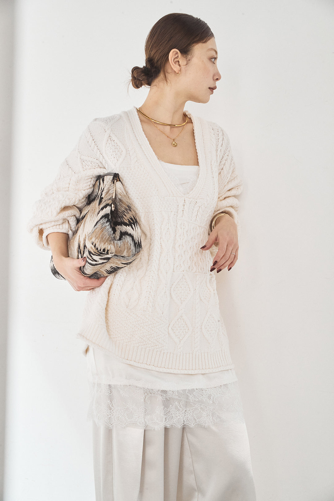 [SET]ケーブルVニットセーター+サテンタックワイドパンツ(2set)